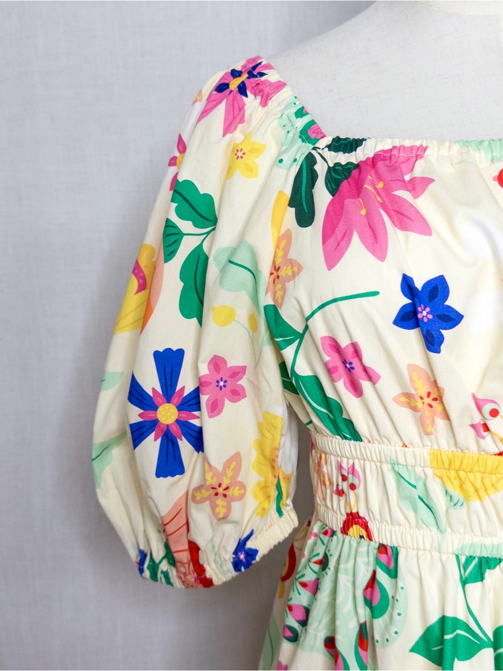 Sincerely Ours Puff Sleeve Resort Mini Dress Tropical Peacock Floral Large - Picture 7 of 15